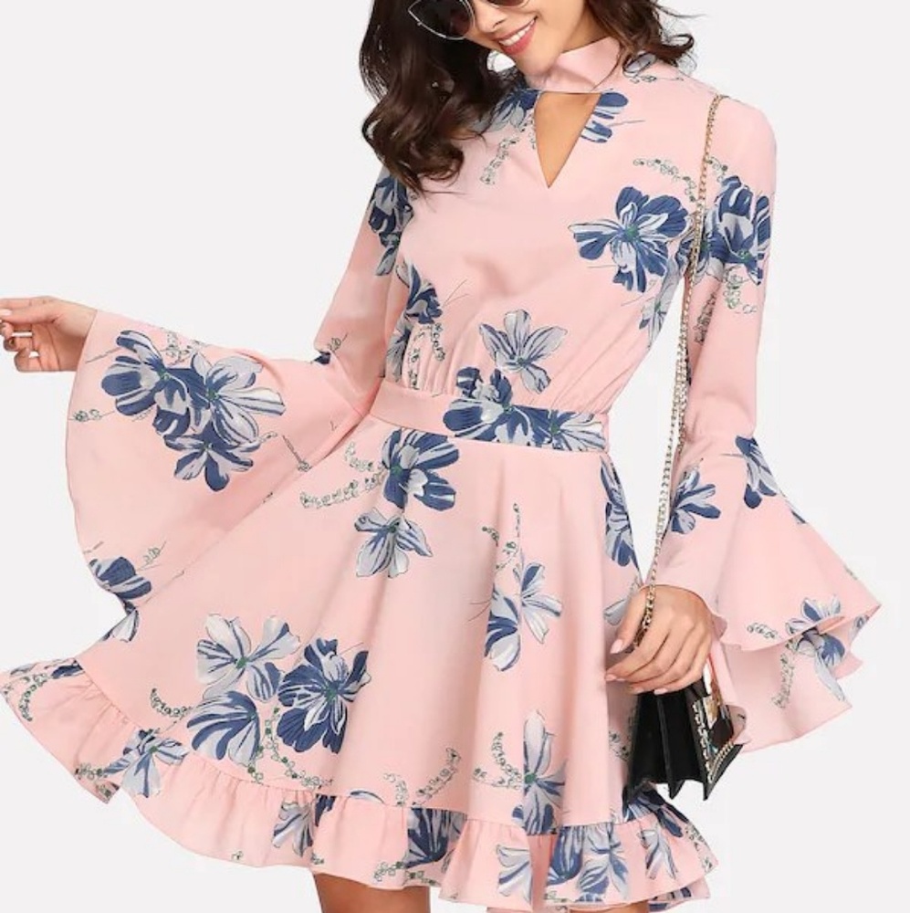 Shein Choker collar flounce sleeve dress